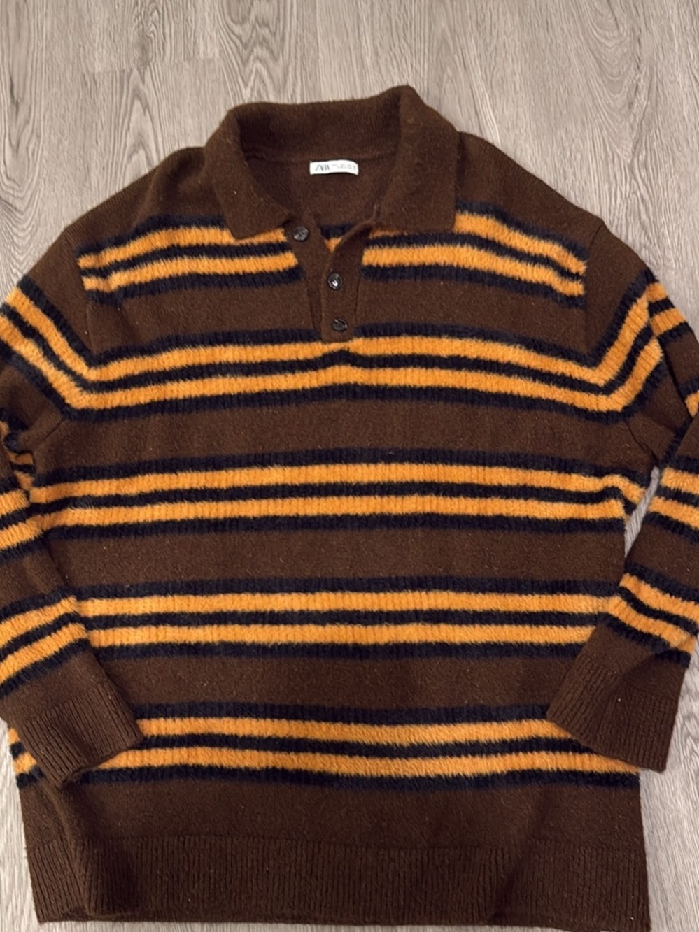 Zara Brown V-Neck Polo Sweater with Mustard & Black Stripes